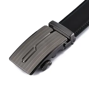 Close-up of black leather belt with brushed gunmetal automatic buckle and fine stitching