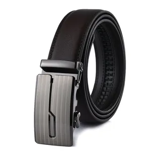Close-up of premium genuine leather belt with brushed metal automatic buckle and track system