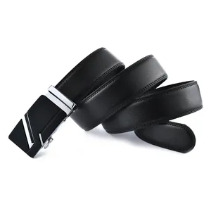 Men's formal black leather automatic belt with matte black buckle and silver accents
