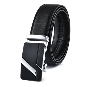 Close-up of black leather belt with automatic alloy buckle and geometric texture detail