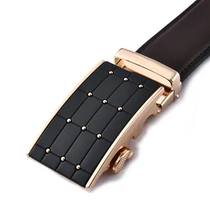 Men's dark brown leather belt with luxury gold automatic buckle and textured black panel