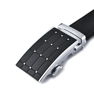 Men's leather belt featuring a silver automatic buckle with black rivet detailing