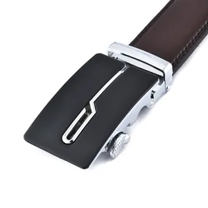 Men's premium dark brown leather belt with minimalist black and silver automatic buckle