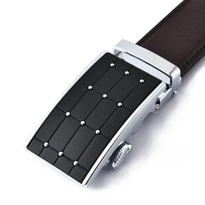 Men's leather automatic belt featuring a silver alloy buckle with black textured panel