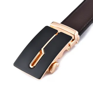 Premium men's dark brown leather belt with gold automatic buckle and sleek stitching