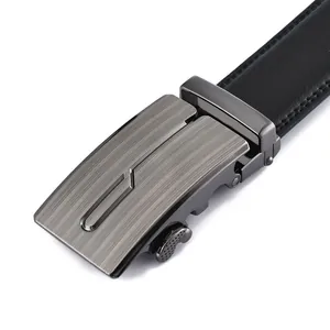 Business casual black leather belt with gun-grey brushed metal automatic buckle
