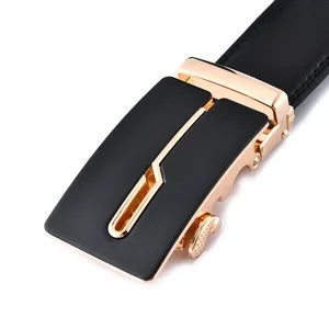 Men's premium black leather belt with a modern gold and black automatic metal buckle