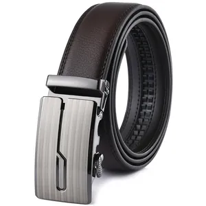 Men's dark brown leather belt with automatic silver buckle and brushed metal finish