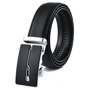 Detail shot of black leather belt with silver metallic automatic buckle and fine stitching