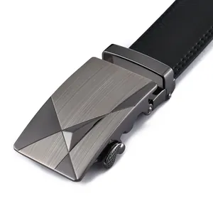 Men's business leather belt featuring a gunmetal textured automatic buckle and black strap