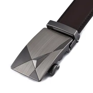 Men's business belt with dark brown leather and gunmetal automatic buckle detail