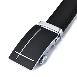 Men's double-sided leather belt with silver automatic buckle and black geometric panel