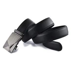 Close-up of black leather belt with brushed grey metal automatic buckle and X-shaped design