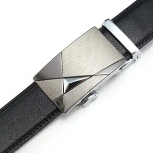 Detailed close-up of a men's black leather belt with a modern metal automatic buckle