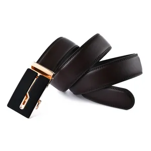 Close-up of premium brown leather belt with luxury alloy automatic buckle and fine stitching