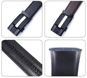 Détail de la boucle automatique et de la ceinture en cuir montrant texture et coutures