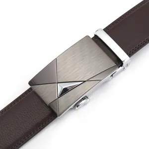 Close-up of dark brown leather belt with brushed gunmetal automatic buckle and side stitching