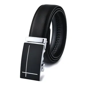Detail of premium men's leather belt featuring a textured black metal automatic buckle