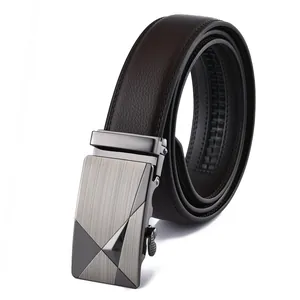 Close-up of men's leather belt with brushed metal automatic buckle and fine stitching