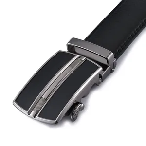 Detailed close-up of premium black leather belt texture with automatic metal buckle