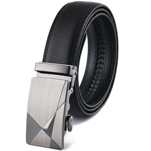 Men Business Fashion Automatic Buckle Leather Belt Brushed Alloy Buckle Litchi Pattern Waist Strap For Office Daily Casual