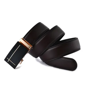 Detail of coffee leather belt with automatic buckle and elegant stitching