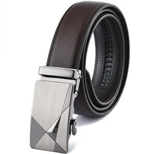 Premium men's automatic buckle business belt in dark brown leather with silver metal head