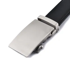 Men's formal black leather belt featuring a brushed silver automatic alloy buckle
