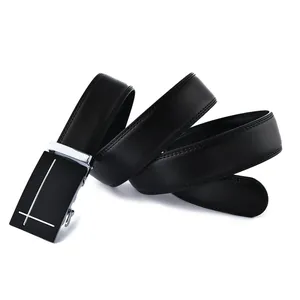 Detail of black lychee grain leather belt with zinc alloy buckle and double stitching
