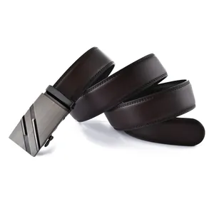 Detail of dark brown leather belt with lychee texture and brushed metal automatic buckle