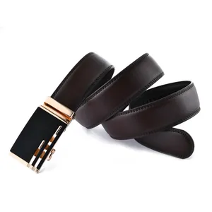 Detail view of dark brown leather belt with automatic buckle and reinforced stitching
