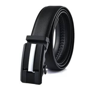 Ceinture Homme En Cuir De Vachette Fendu Boucle Automatique Alliage Zinc Business Casual Grain Litchi Ceinture Pour Bureau Quotidien