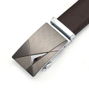 Men's automatic buckle leather belt with textured brown strap and brushed alloy buckle