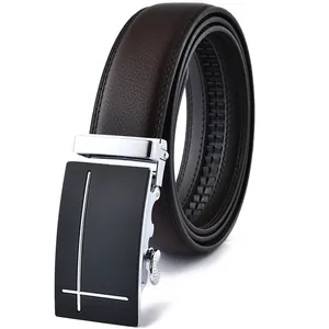 Men's dark brown leather belt with automatic silver and matte black alloy buckle