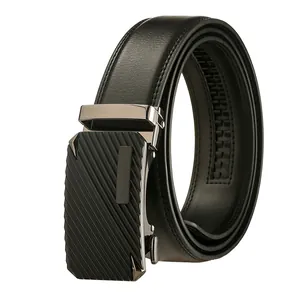 Men Business Casual Split Cowhide Leather Belt Alloy Automatic Buckle Black Solid Diagonal Texture Adjustable Waist Strap