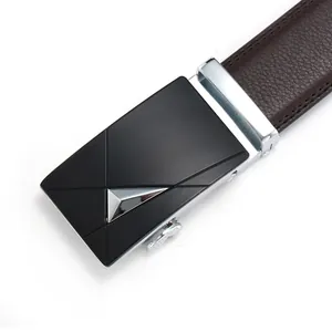 Men's dark brown leather belt with black automatic metal buckle and textured strap