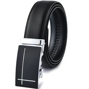 Men's business leather belt with black automatic buckle and textured litchi grain finish