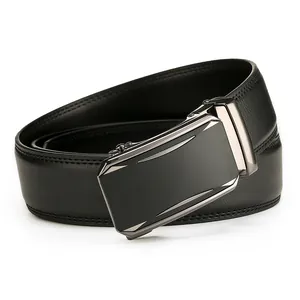 Men's business genuine leather belt with matte gun-grey automatic buckle on white background