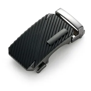 Men's automatic leather belt buckle with elegant black metal stripes in 45-degree view