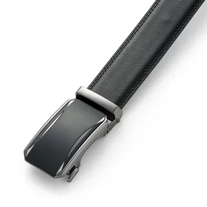 Men's business black leather belt with a gun-metal geometric automatic buckle