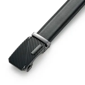 Men's black leather belt with automatic alloy buckle featuring diagonal textured grip