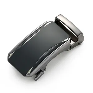 Men's leather belt with automatic metal buckle in gunmetal finish and sleek black inlay