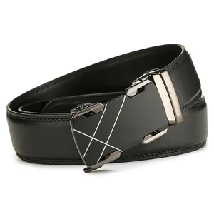 Cintura da Uomo in Crostato di Pelle di Vacchetta Con Fibbia Automatica in Lega Business Casual Cinturino in Vita di Lusso per Uomo