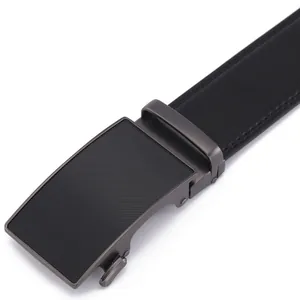 Close-up of black leather belt with gray automatic metal buckle and fine stitching details