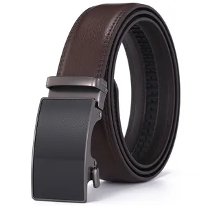 Men's 3.5cm automatic buckle leather belt in dark brown litchi grain and gunmetal finish