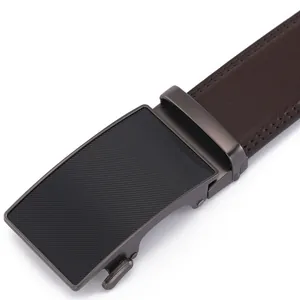 Detail of men's brown leather belt with dark gray automatic slide buckle and stitching