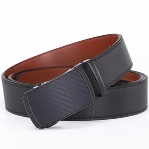 Classic men's black leather belt with carbon fiber texture automatic metal buckle