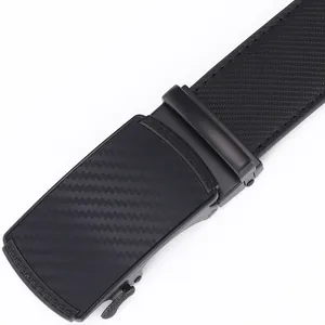 Classic men's black leather belt with carbon fiber texture and Greek key automatic buckle