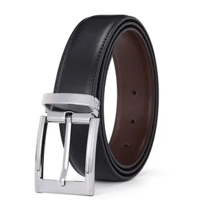 Men's reversible leather belt with black and brown sides and silver pin buckle