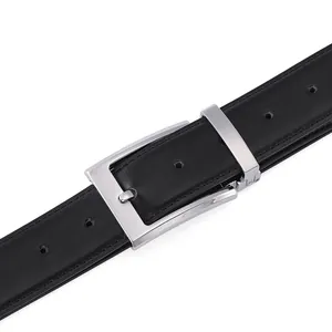 Classic men's black leather belt with a polished silver square pin buckle on white backdrop